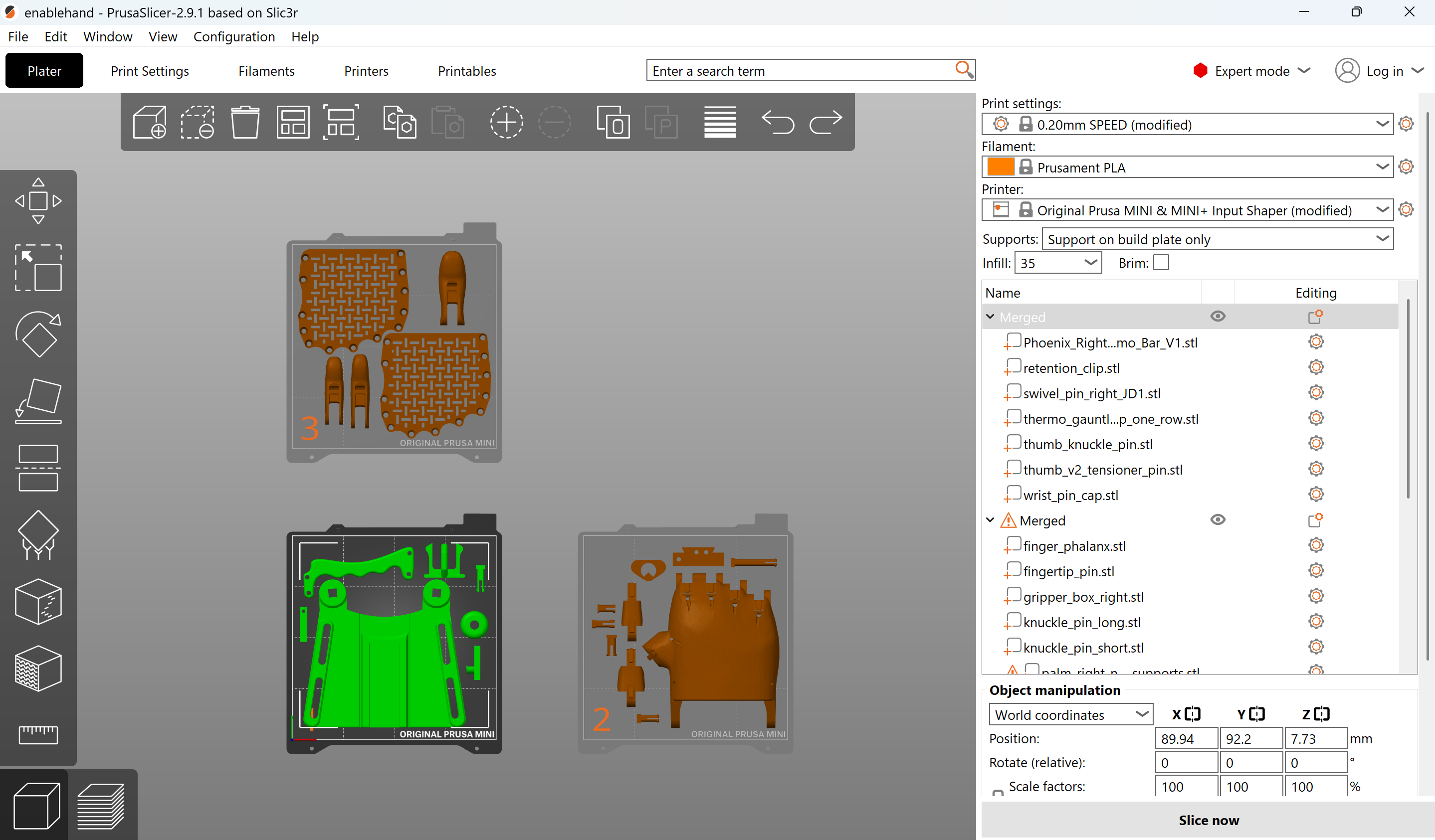 Hand in Prusa Slicer being prepared to 3D print